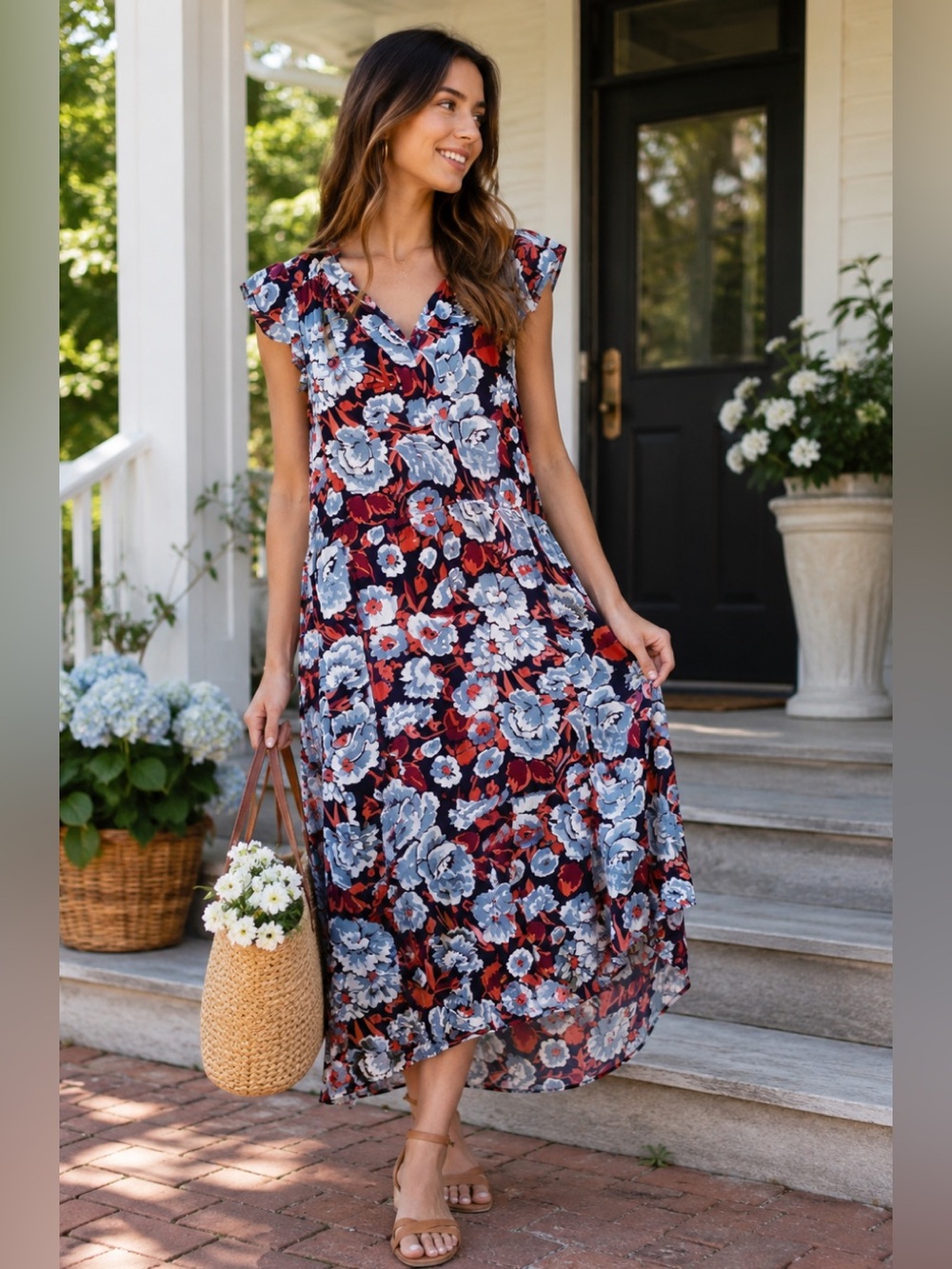Joe Fresh Blue Red Floral Midi Dress Cottagecore Flutter Sleeve Vacation S - Picture 6 of 6